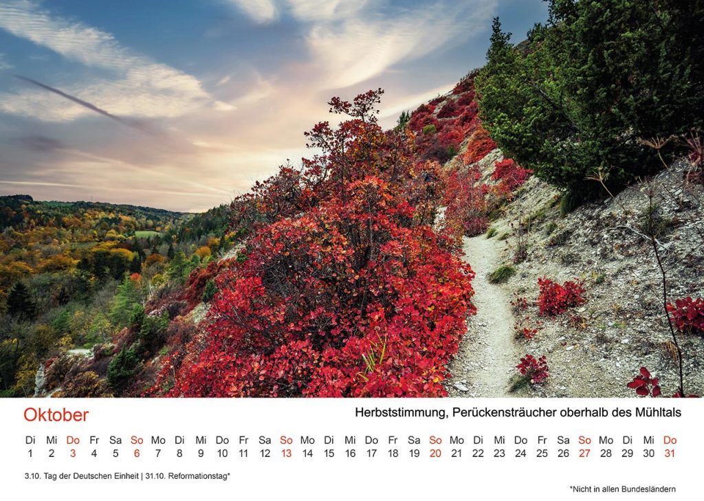 Jena Foto Kalender 2024, Monat Oktober – Herbststimmung, Perückensträucher oberhalb des Mühltals.