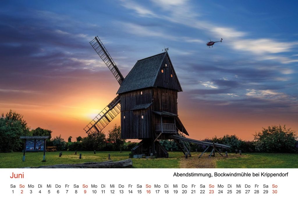 Thüringer Fotomomente 2024, Monat Juni – Sommerliche Abendstimmung an der Bockwindmühle Krippendorf.