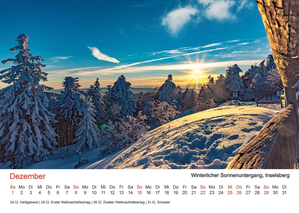 Thüringer Fotomomente 2024, Monat Dezember – Sonnenuntergang, Schnee und Winterstimmung auf dem Inselberg.