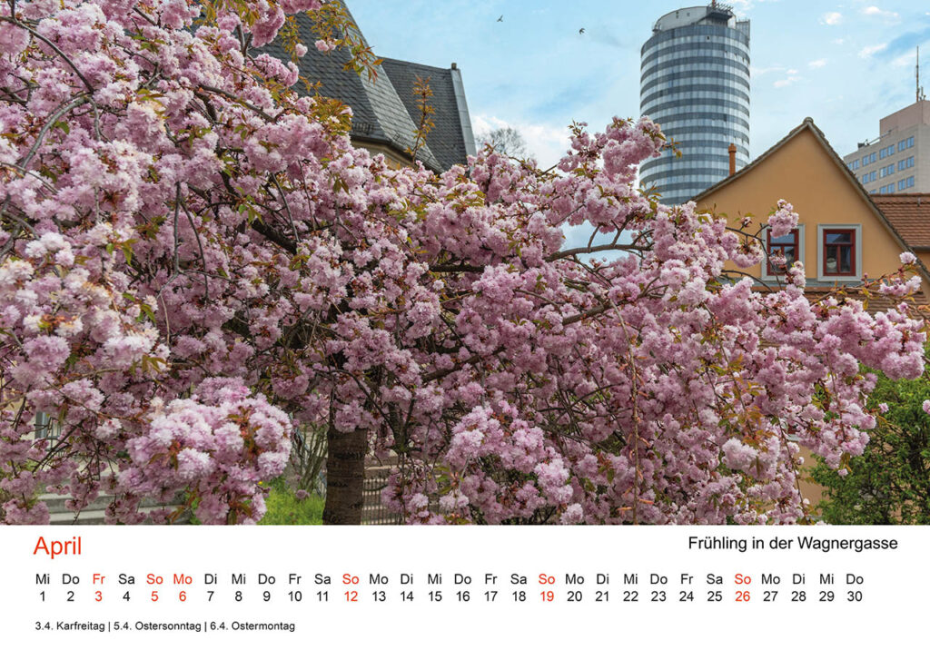 Jena Fotokalender 2026. April – Kirschblüten, der Frühling in der Wagnergasse.