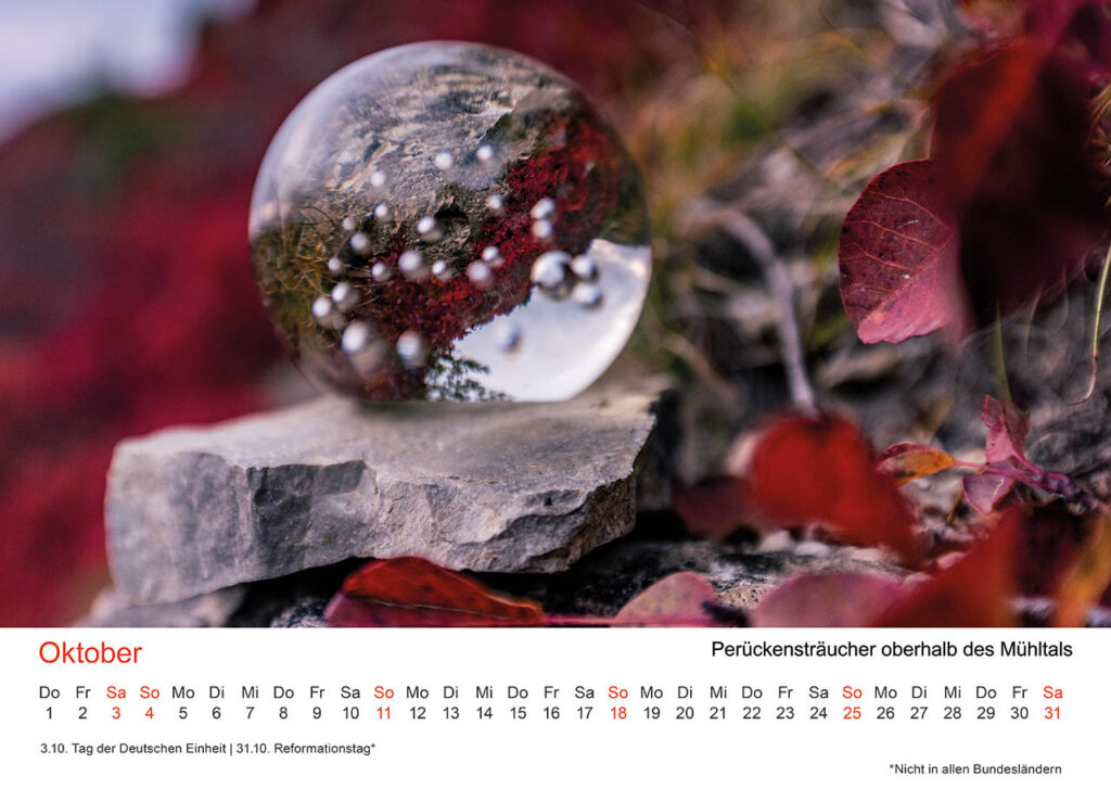 Jena Fotokalender 2026. Oktober – Farbliche Herbststimmung, Perückensträucher oberhalb des Mühltals.